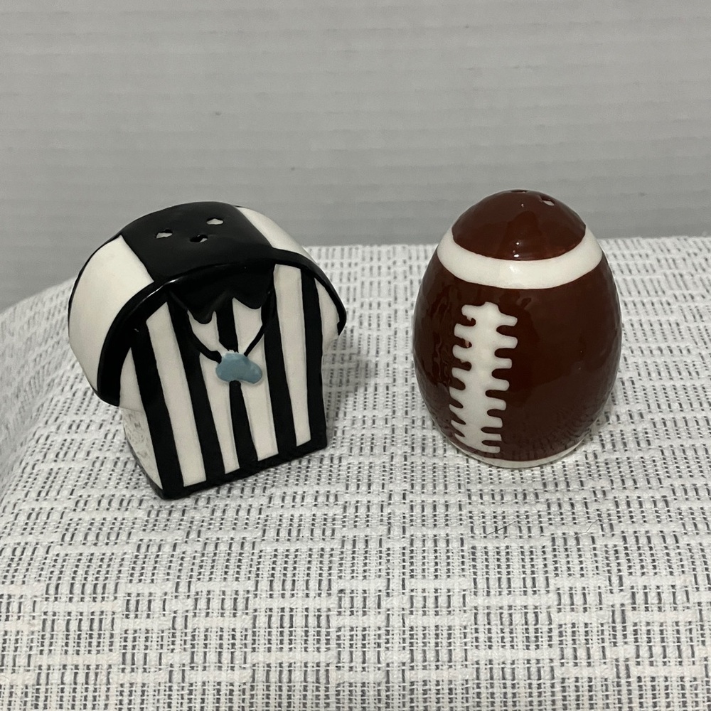 Referee Shirt & Football Ceramic Salt and Pepper Shakers - Black, White, Brown